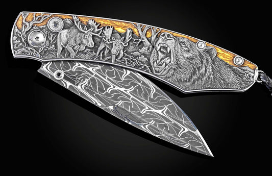 William Henry Hand-engraved folding knife with gold inlays, damascus blade B12 NORTH WOODS
