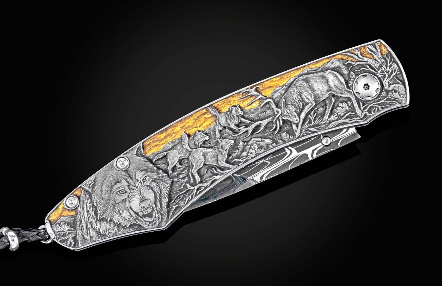 William Henry Hand-engraved folding knife with gold inlays, damascus blade B12 NORTH WOODS