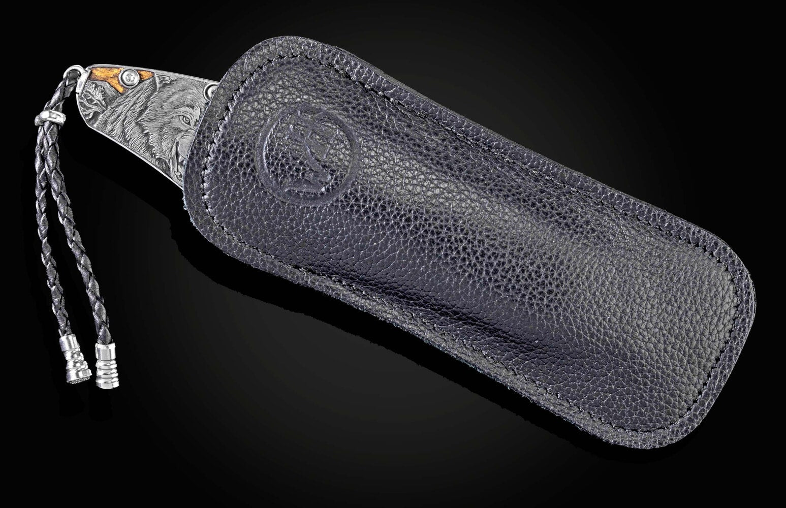 William Henry Hand-engraved folding knife with gold inlays, damascus blade B12 NORTH WOODS
