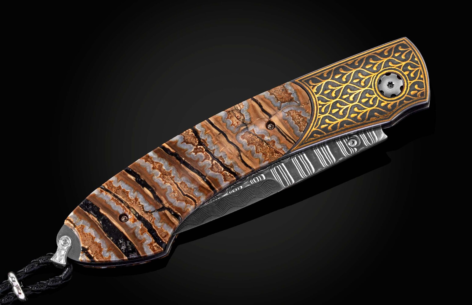 William Henry Pocketknife with 24K gold koftgari, fossil Mammoth Tooth, and 'wave' damascus blade B12 SIERRA