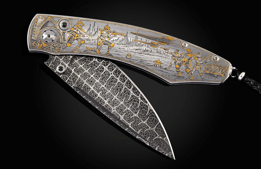 William Henry Hand-engraved pocketknife with 24K gold inlays and damascus blade B12 SPACE INVADERS