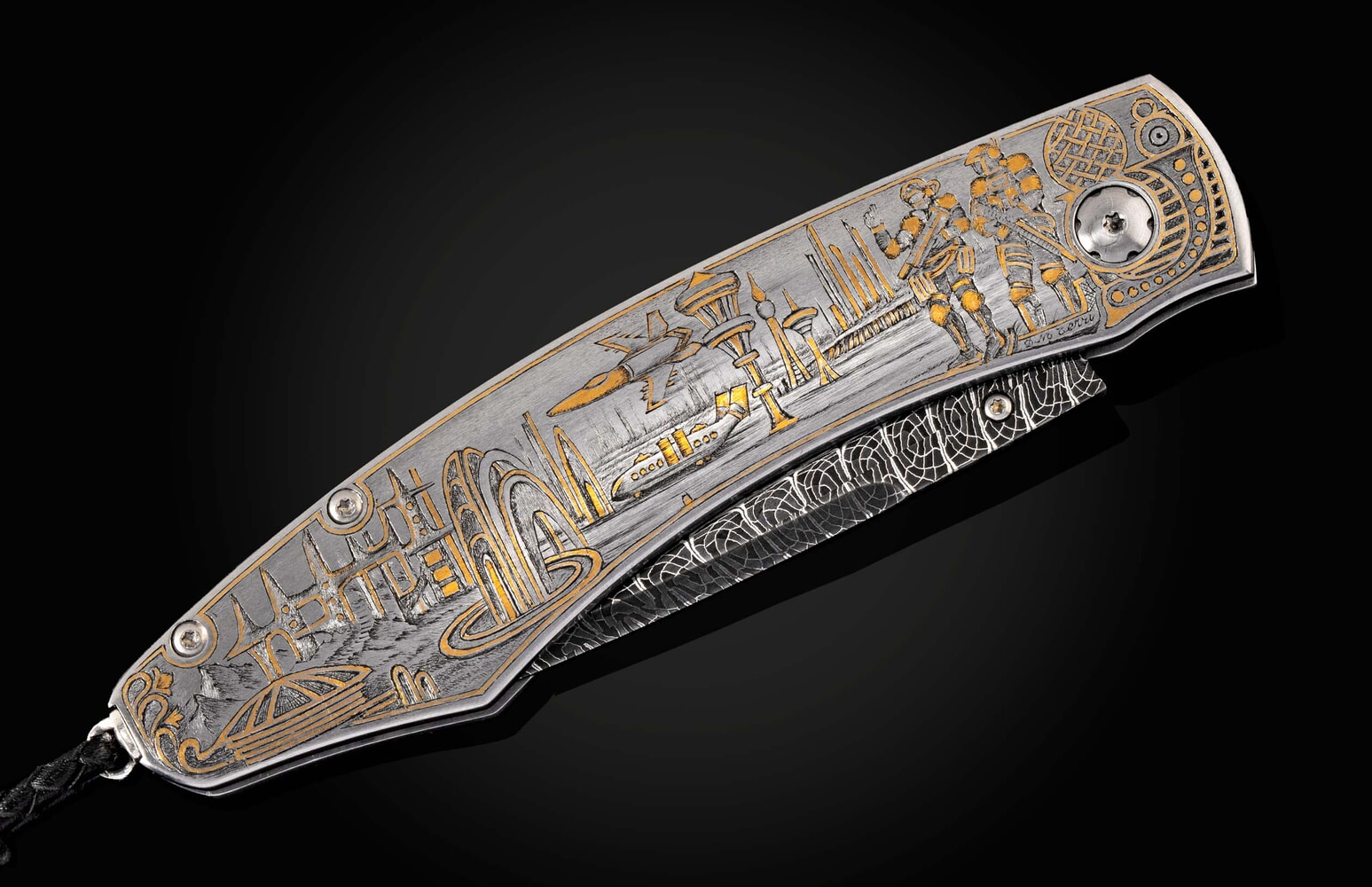 William Henry Hand-engraved pocketknife with 24K gold inlays and damascus blade B12 SPACE INVADERS