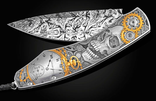 William Henry Hand-engraved knife with 24K gold and hand-forged damascus blade B12 TIMEKEEPER