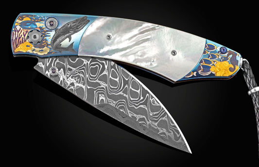 William Henry Folding pocket knife with hand engraving, mother of pearl and precious metal inlays B12 UNDER THE SEA II
