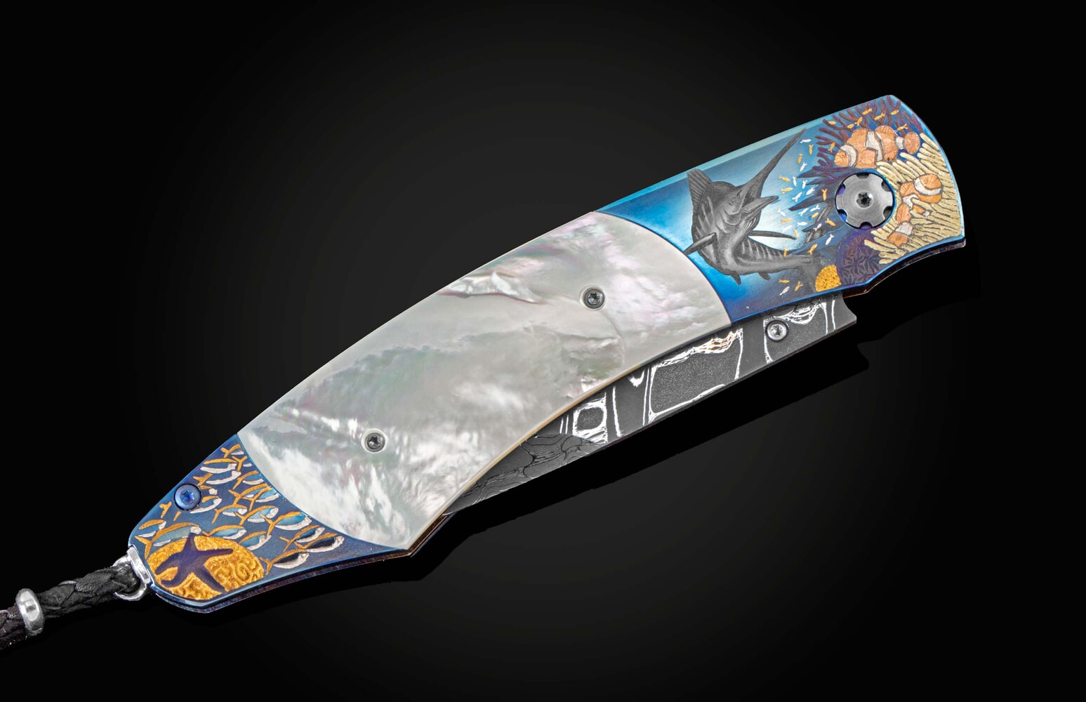 William Henry Folding pocket knife with hand engraving, mother of pearl and precious metal inlays B12 UNDER THE SEA II