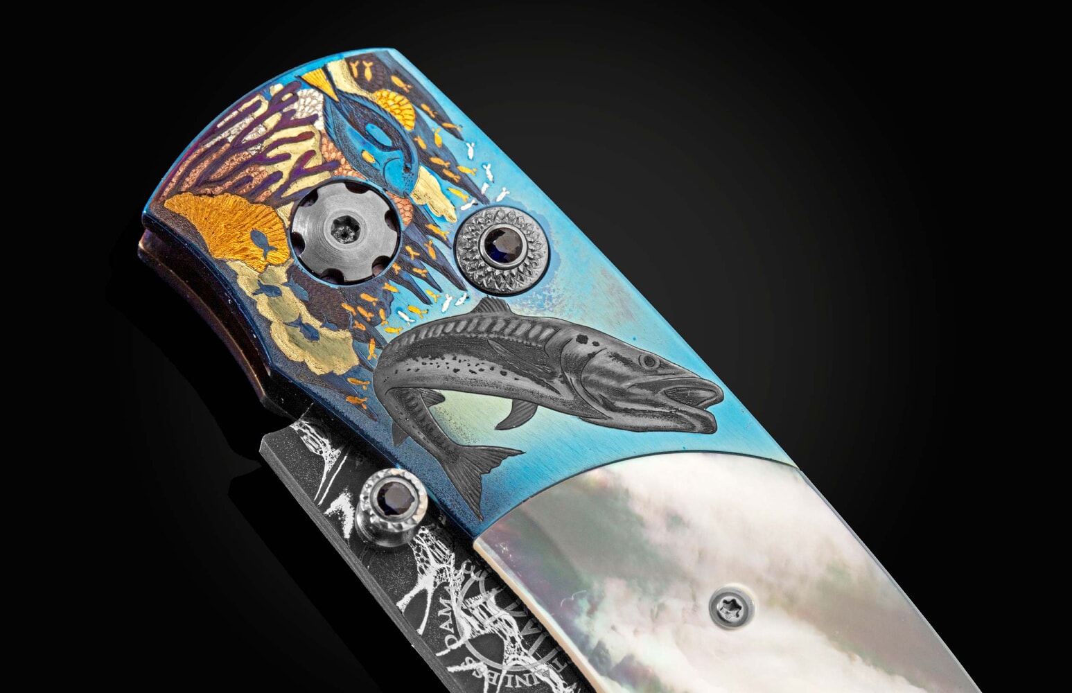 William Henry Folding pocket knife with hand engraving, mother of pearl and precious metal inlays B12 UNDER THE SEA II