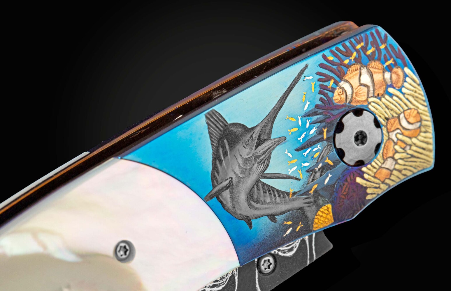 William Henry Folding pocket knife with hand engraving, mother of pearl and precious metal inlays B12 UNDER THE SEA II