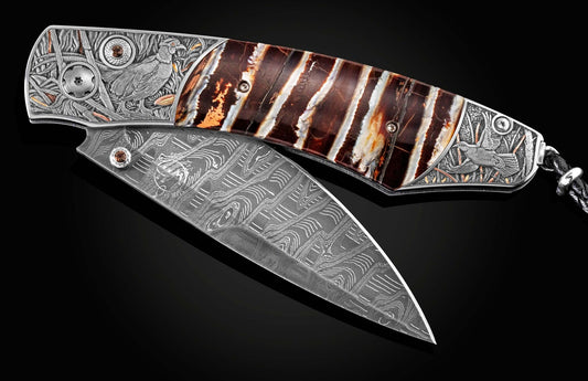 William Henry Hand-engraved pocketknife with fossil mammoth tooth and damascus B12 UPLAND GAME