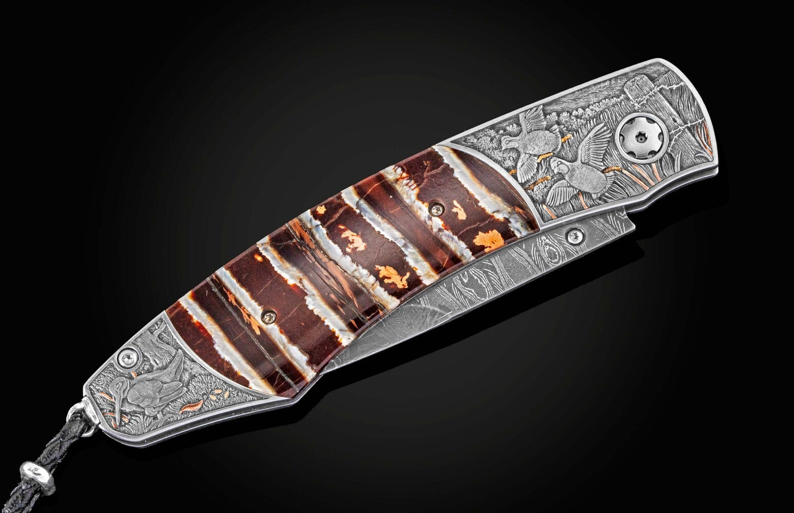 William Henry Hand-engraved pocketknife with fossil mammoth tooth and damascus B12 UPLAND GAME