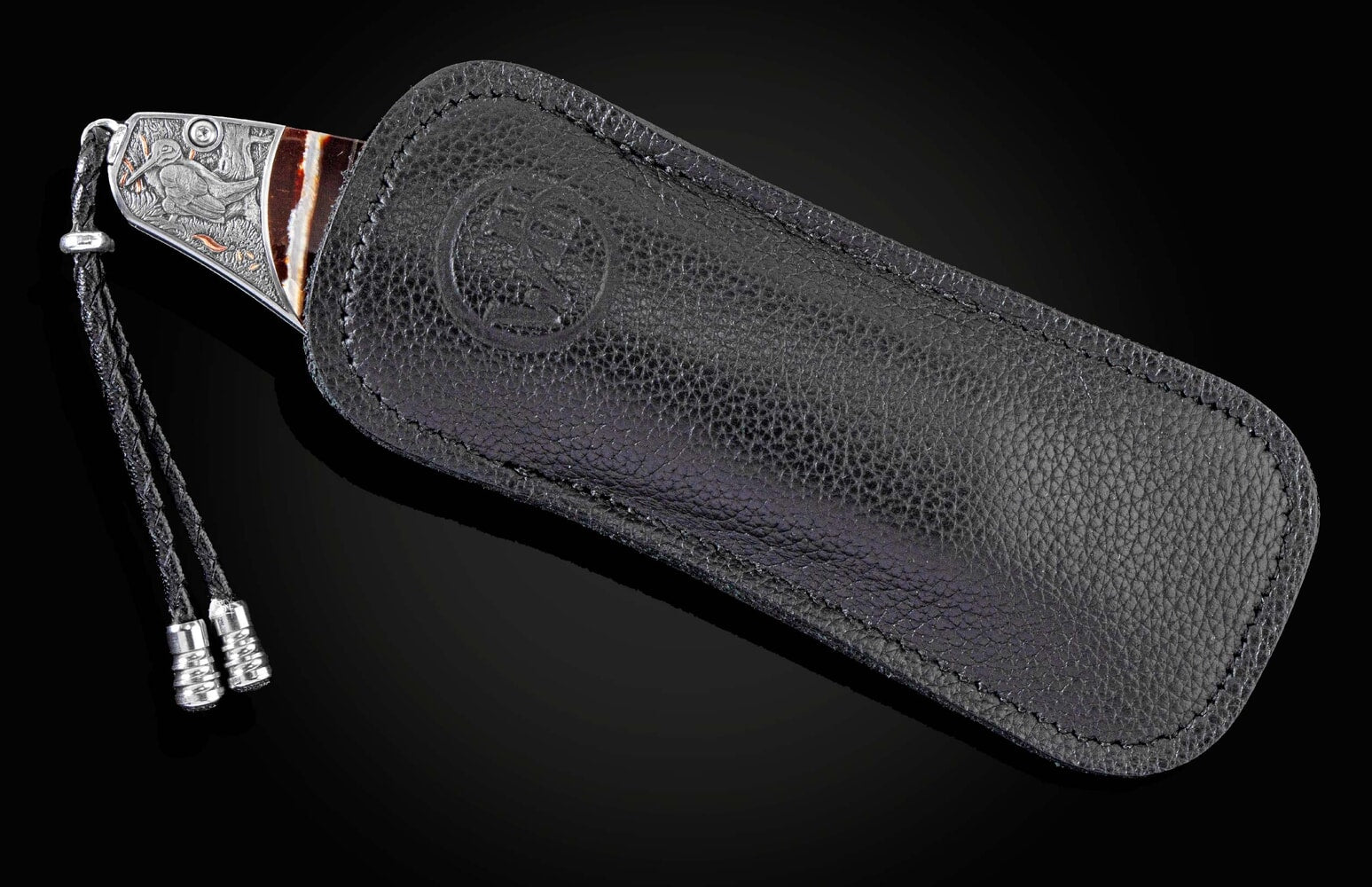 William Henry Hand-engraved pocketknife with fossil mammoth tooth and damascus B12 UPLAND GAME