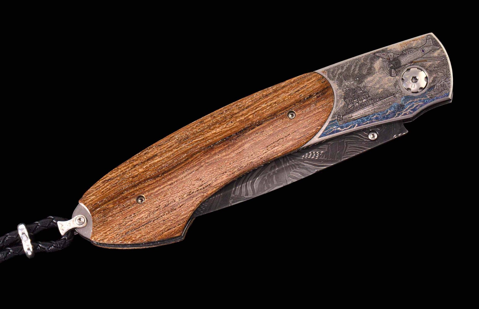 William Henry Teak wood from 'USS California', color-laser engraved titanium, and damascus B12 USS CALIFORNIA