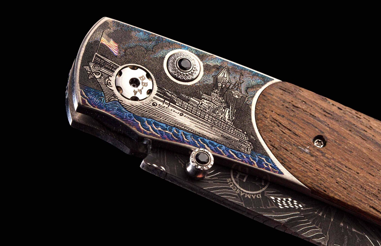 William Henry Teak wood from 'USS California', color-laser engraved titanium, and damascus B12 USS CALIFORNIA