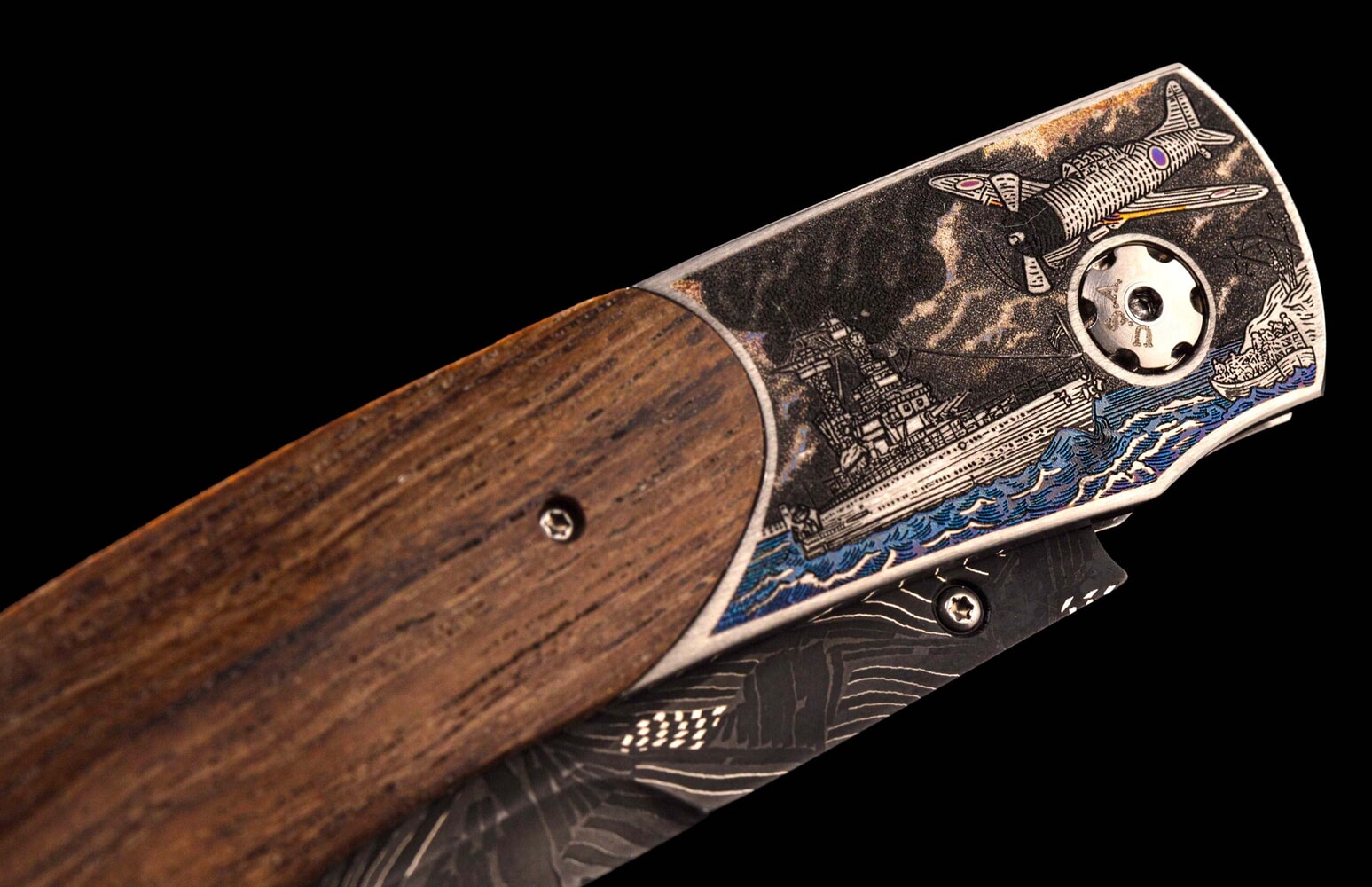 William Henry Teak wood from 'USS California', color-laser engraved titanium, and damascus B12 USS CALIFORNIA