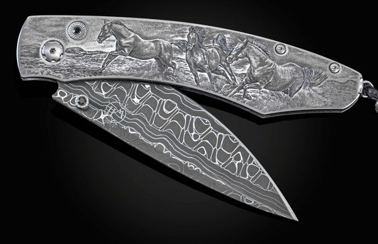 William Henry Hand-engraved folding knife with hand-forged damascus B12 WILD AND FREE III
