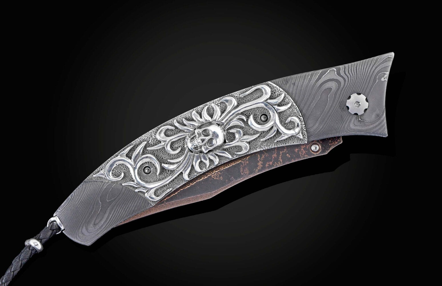 William Henry Folding knife with hand-forged damascus and hand-carved sterling silver B21 DARK DREAMS