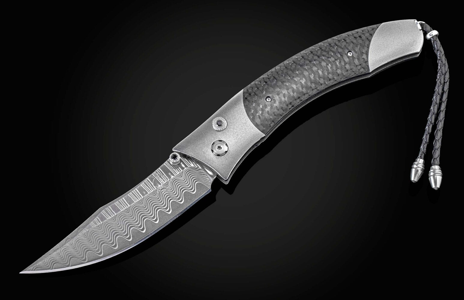 William Henry Titanium pocketknife with 'Wave' damascus and carbon fiber B21 DARK HORSE