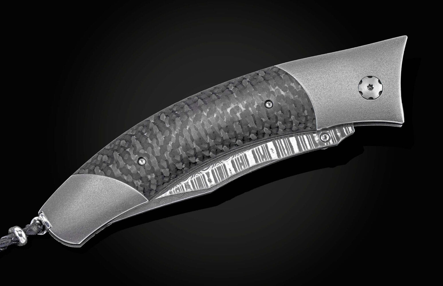 William Henry Titanium pocketknife with 'Wave' damascus and carbon fiber B21 DARK HORSE