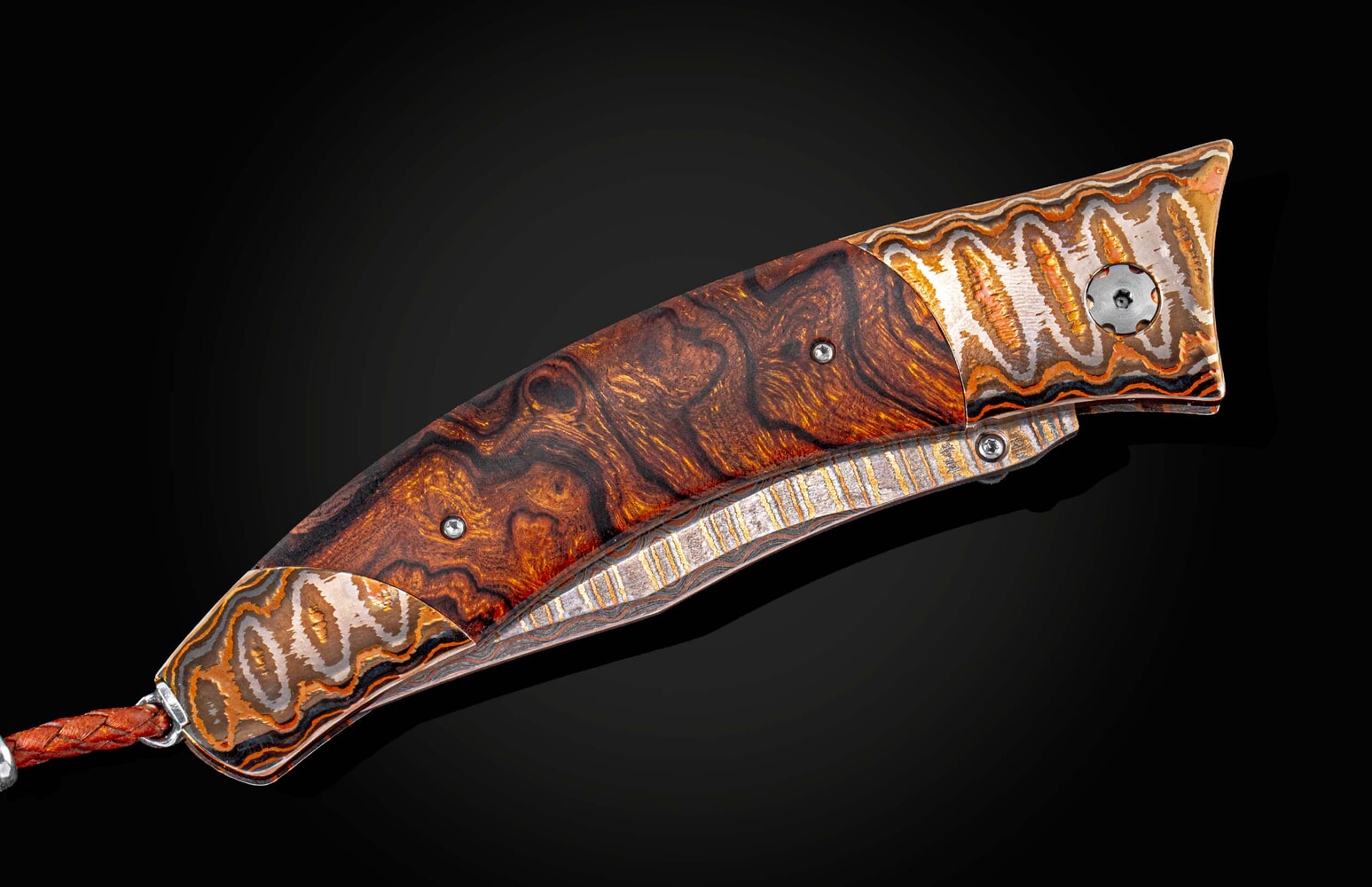 William Henry Folding knife with desert ironwood and 'Wave Mokume' B21 SAW TOOTH