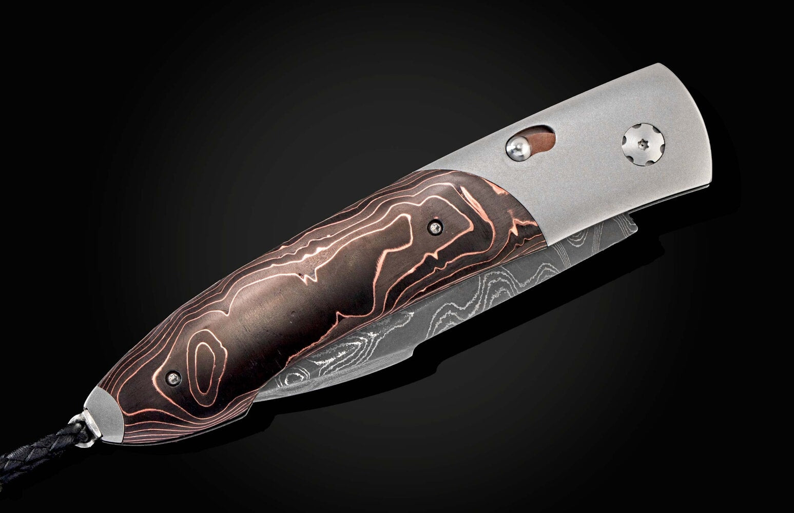 William Henry Automatic opening folding knife with titanium, damascus, and carbon fiber. B22 BLACK MAX