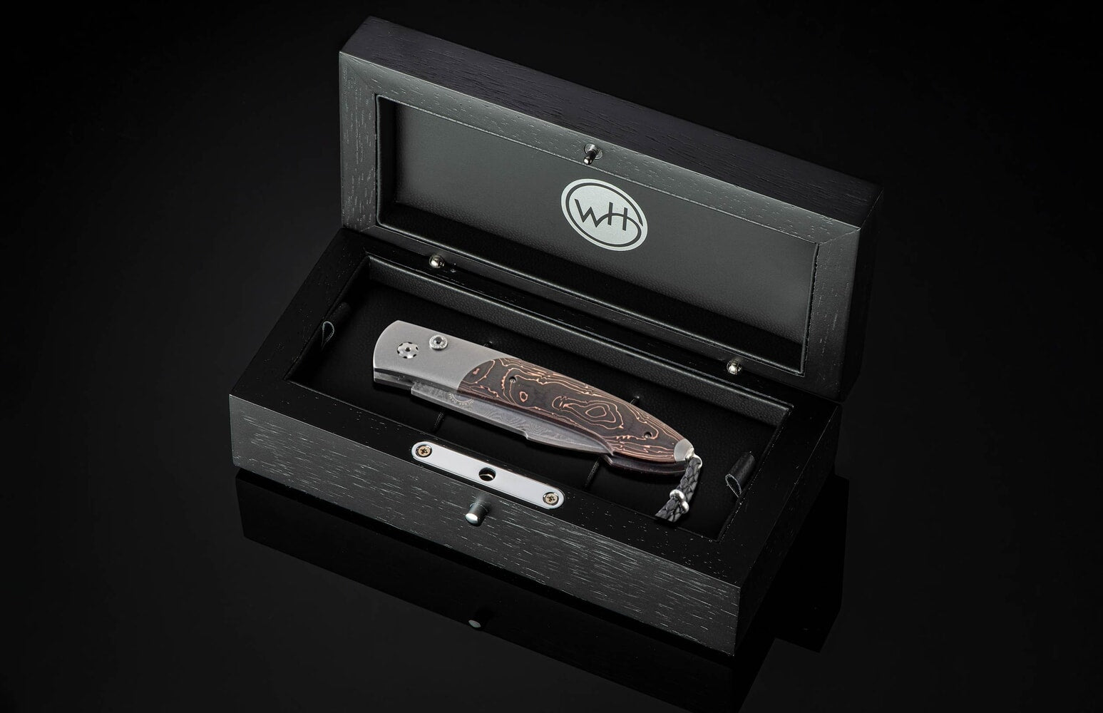 William Henry Automatic opening folding knife with titanium, damascus, and carbon fiber. B22 BLACK MAX