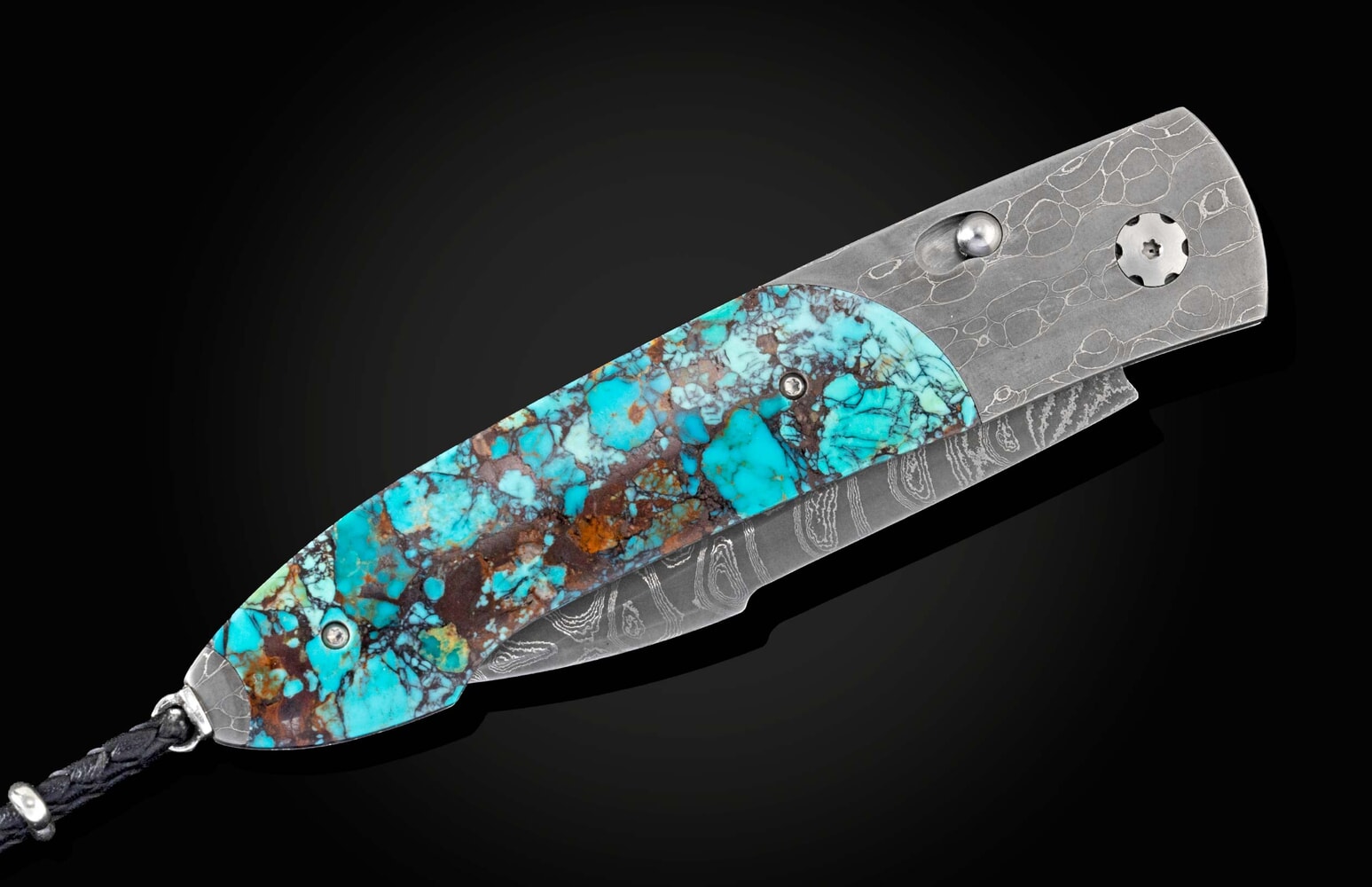 William Henry Automatic opening folding knife with hand-forged damascus and 'Black Matrix' Kingman turquoise B22 KINGMAN
