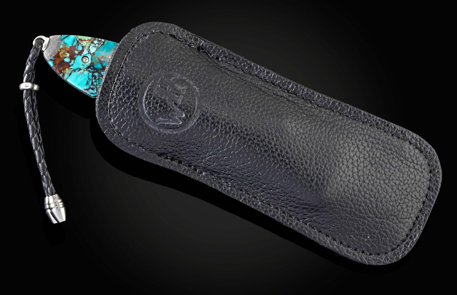 William Henry Automatic opening folding knife with hand-forged damascus and 'Black Matrix' Kingman turquoise B22 KINGMAN