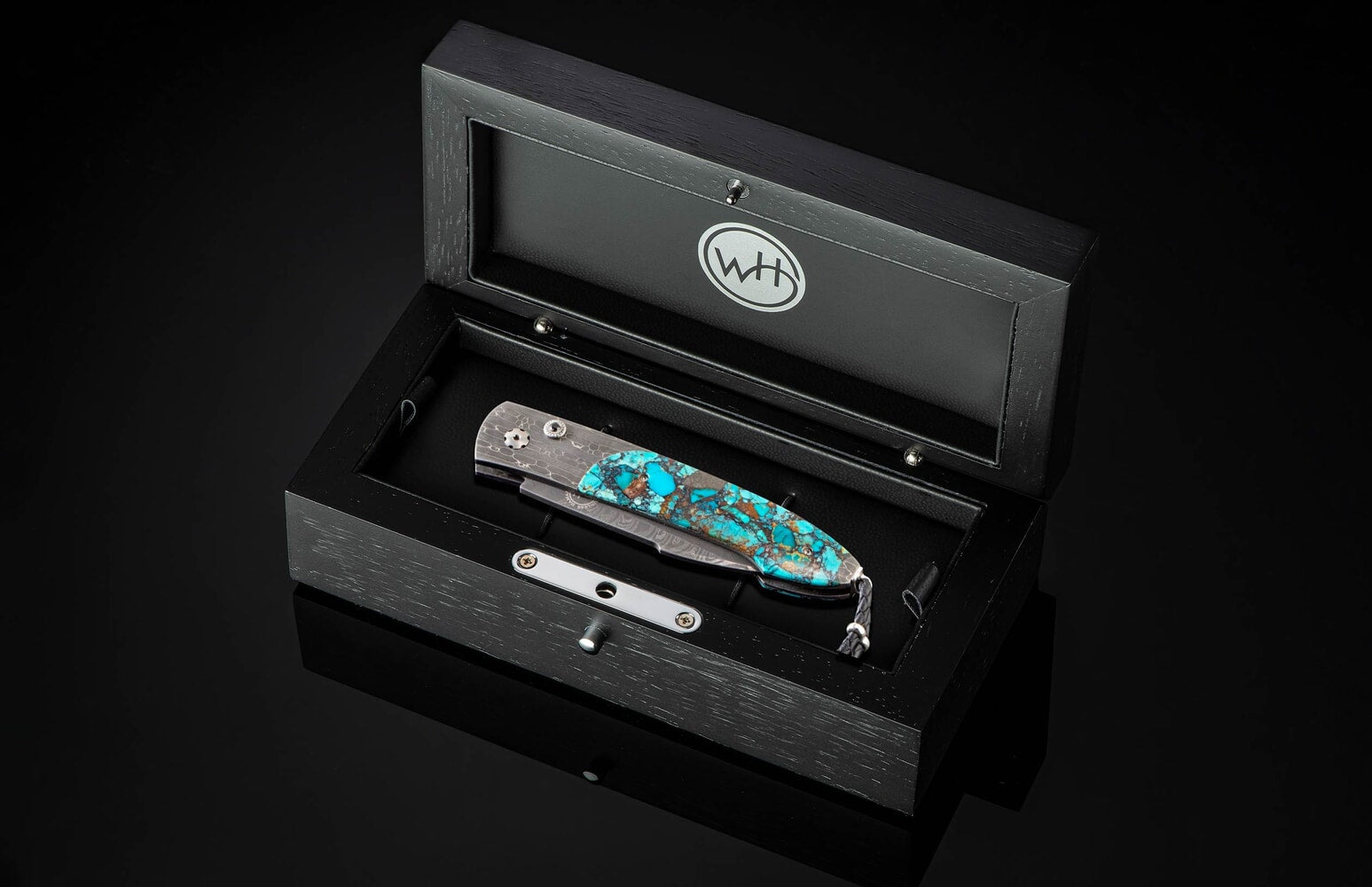 William Henry Automatic opening folding knife with hand-forged damascus and 'Black Matrix' Kingman turquoise B22 KINGMAN