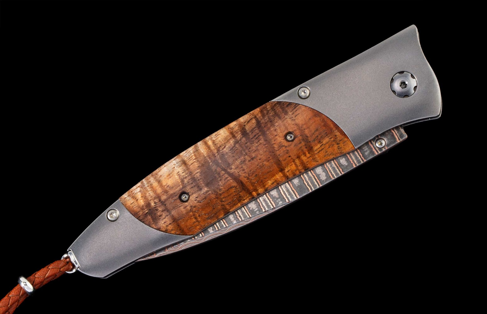 William Henry Titanium pocket knife with koa wood and 'copper wave' damascus blade B30 808