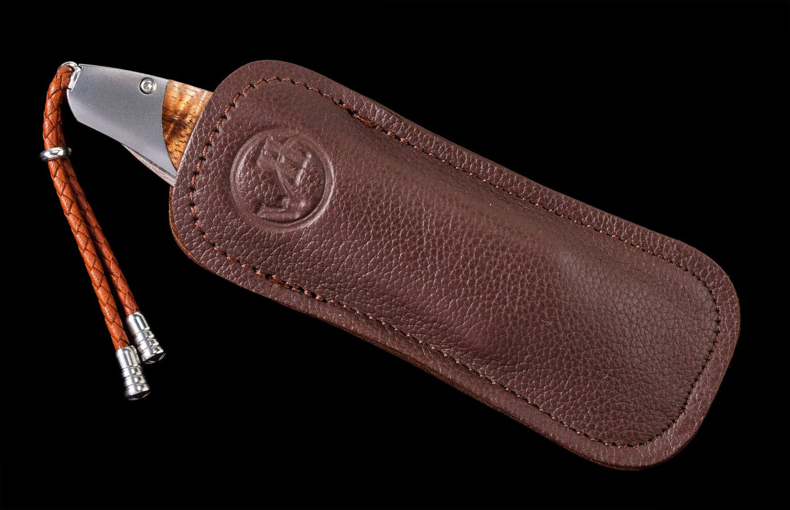 William Henry Titanium pocket knife with koa wood and 'copper wave' damascus blade B30 808
