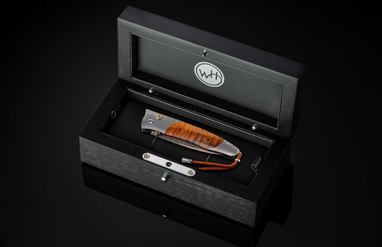 William Henry Titanium pocket knife with koa wood and 'copper wave' damascus blade B30 808