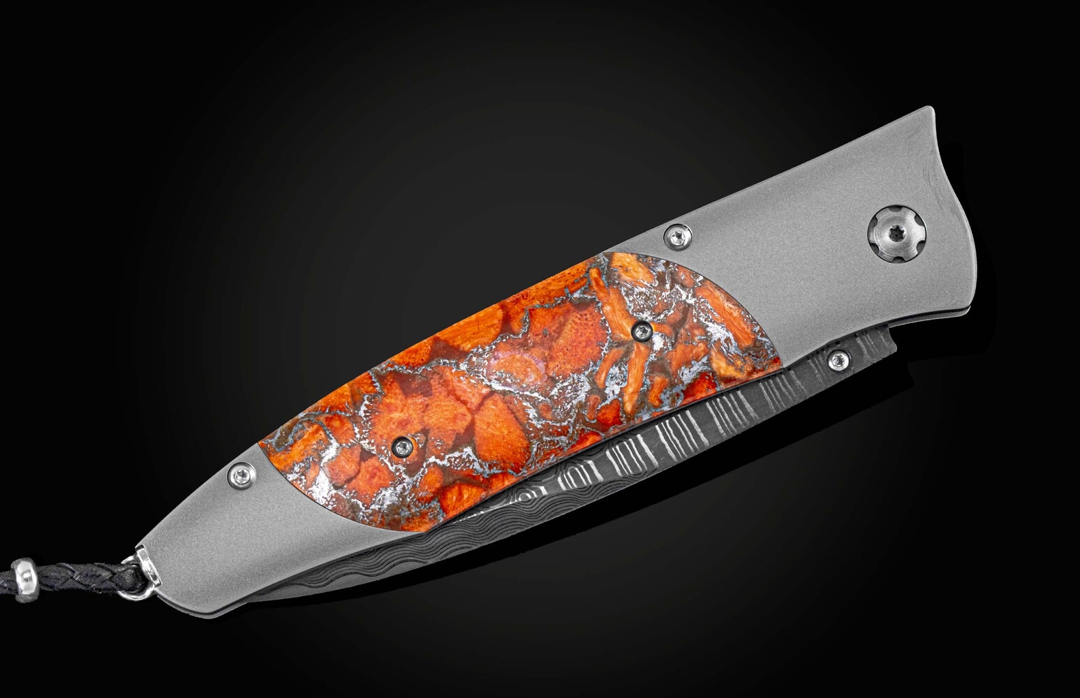 William Henry Titanium Pocketknife with apple coral, and 'Wave' damascus blade B30 DARK WAVES