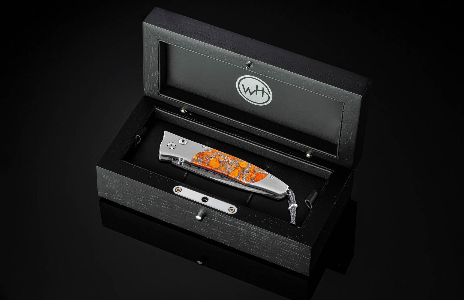 William Henry Titanium Pocketknife with apple coral, and 'Wave' damascus blade B30 DARK WAVES