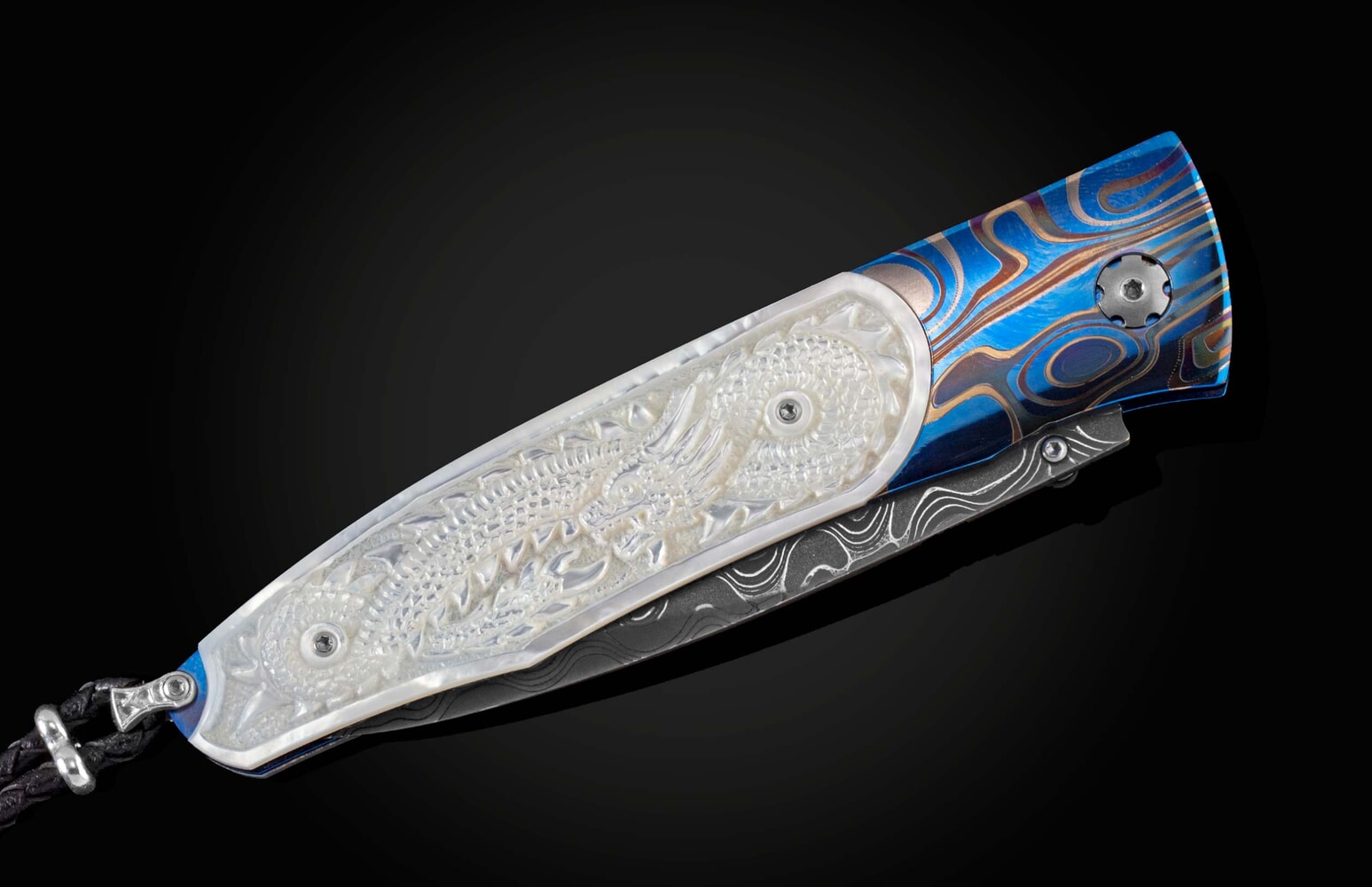 William Henry Titanium folding knife with carved pearl and hand-forged damascus B30 DRAGON SKIN