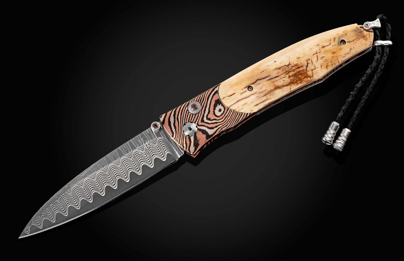 William Henry Pocketknife featuring mokume gane, fossil mammoth tusk bark, and wave damascus blade. B30 EVENTIDE