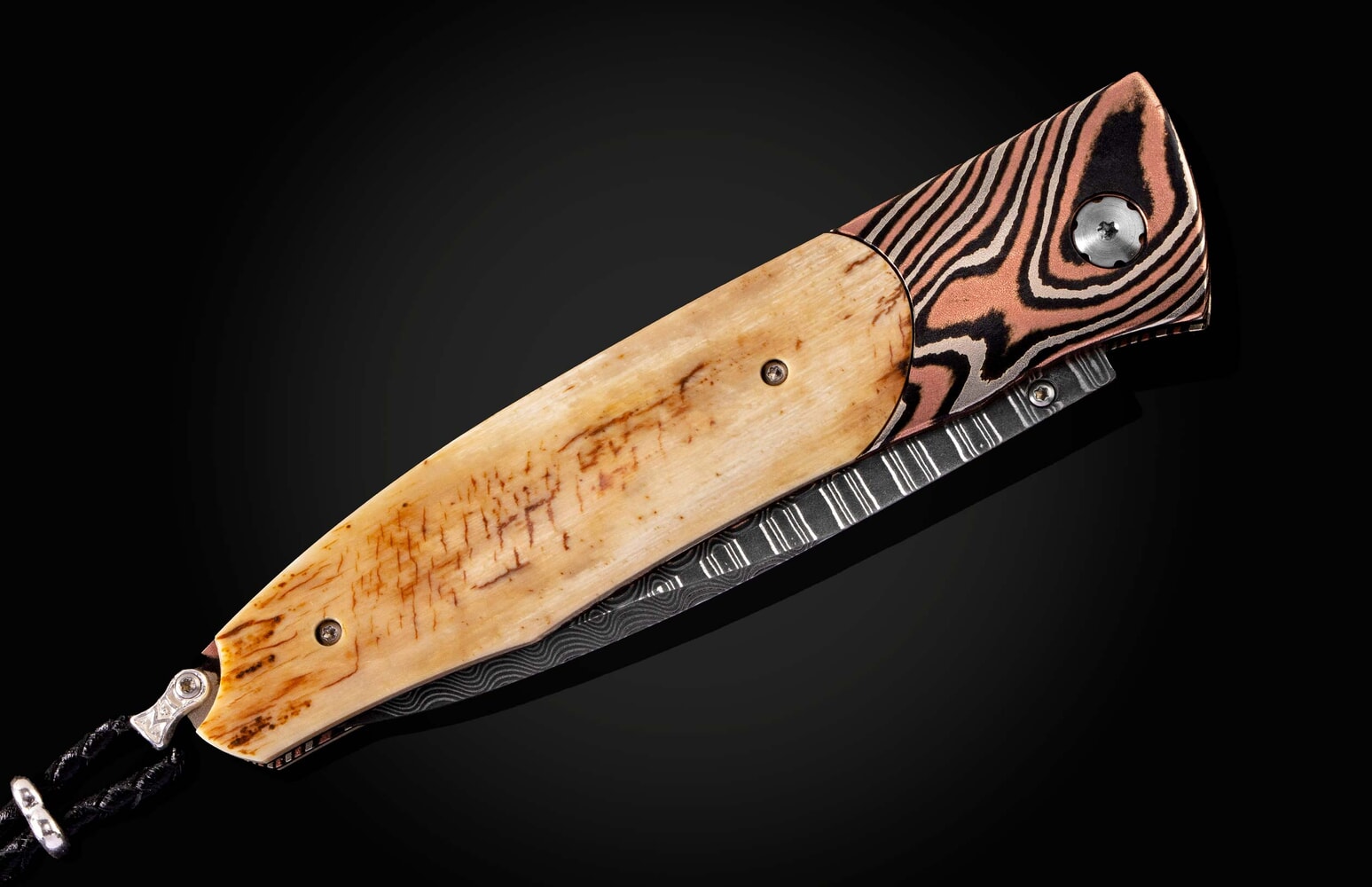 William Henry Pocketknife featuring mokume gane, fossil mammoth tusk bark, and wave damascus blade. B30 EVENTIDE