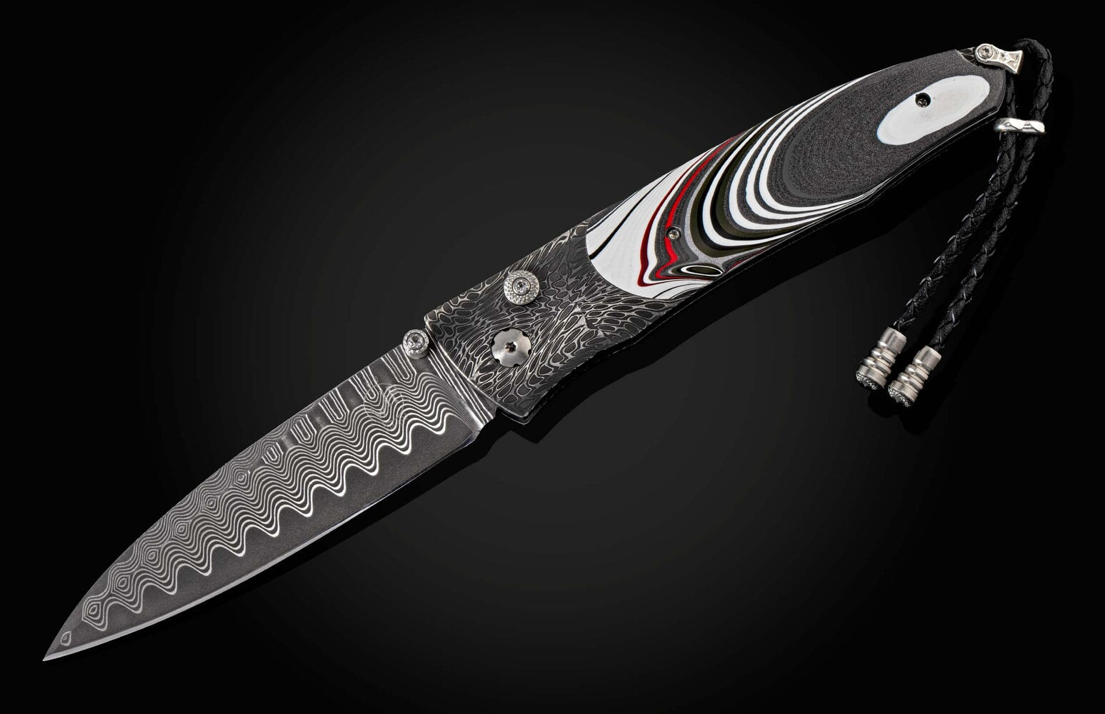 William Henry Damascus pocket knife with Fordite scales and 'Wave' damascus blade B30 FLATHEAD