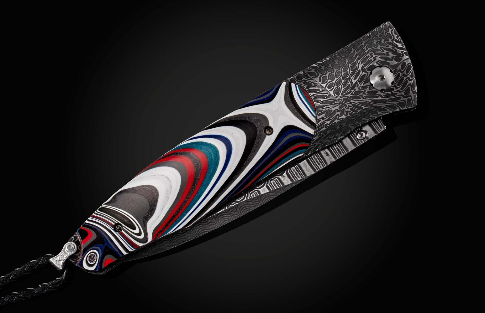 William Henry Damascus pocket knife with Fordite scales and 'Wave' damascus blade B30 FLATHEAD