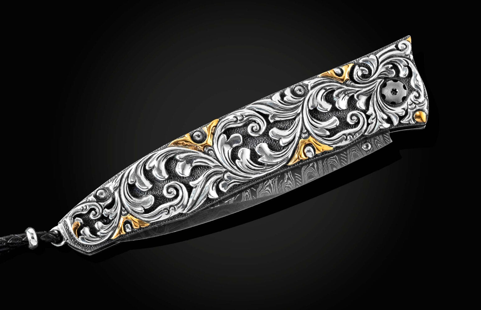 William Henry Pocketknife with hand-carved sterling silver, gold accents, and damascus blade B30 GOLDEN DAWN