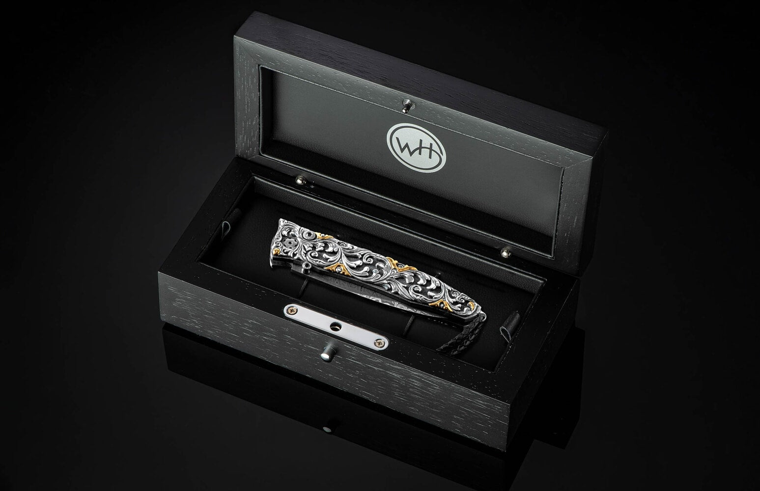 William Henry Pocketknife with hand-carved sterling silver, gold accents, and damascus blade B30 GOLDEN DAWN