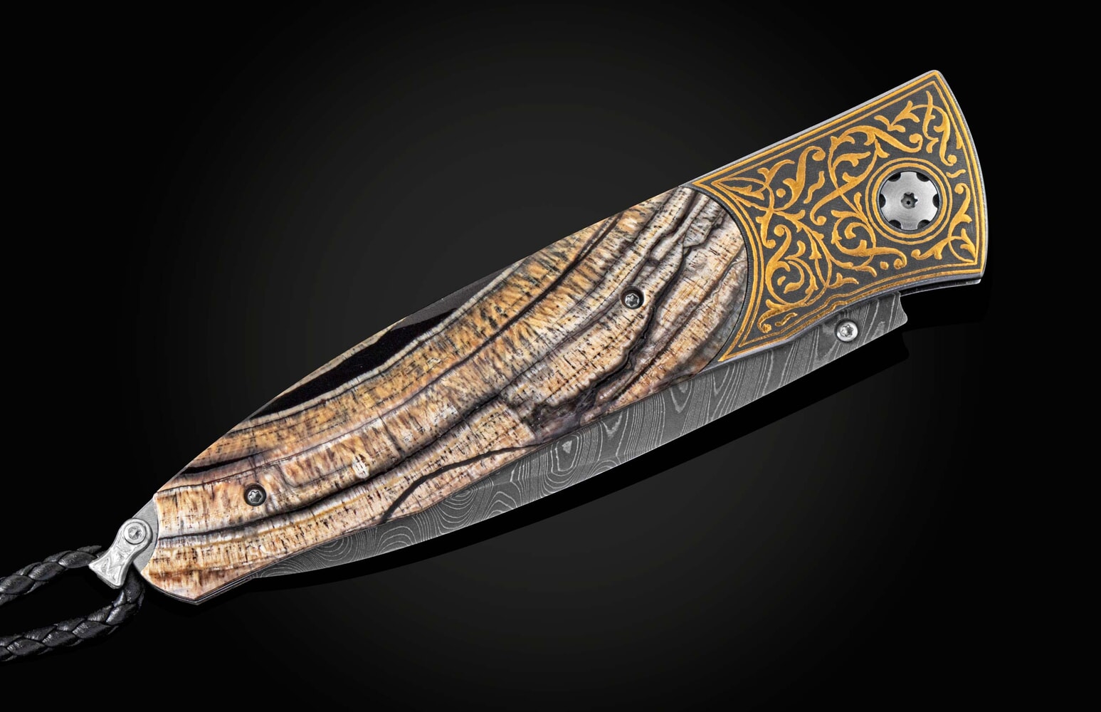 William Henry Folding knife with inlaid 24K gold, fossil woolly mammoth tusk, and damascus B30 GOLDEN EYE