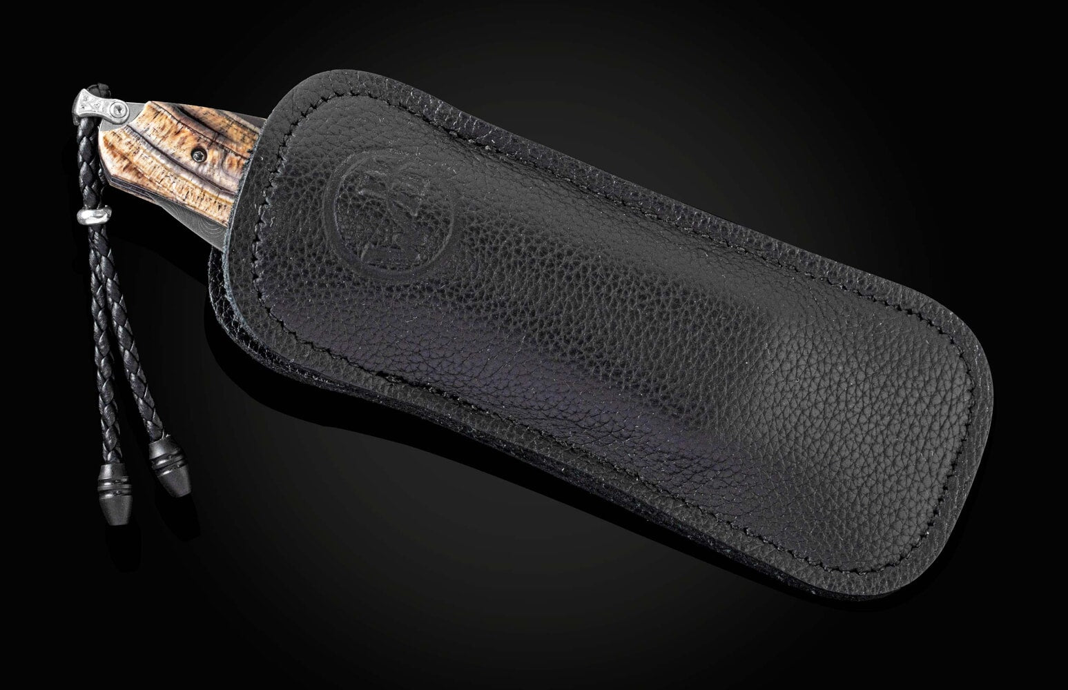 William Henry Folding knife with inlaid 24K gold, fossil woolly mammoth tusk, and damascus B30 GOLDEN EYE