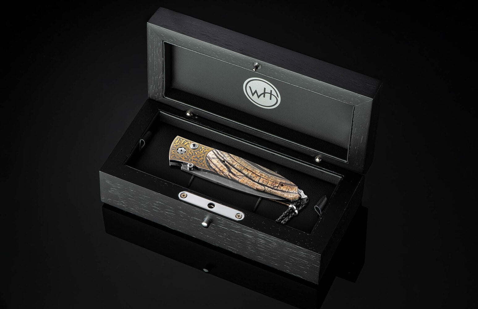 William Henry Folding knife with inlaid 24K gold, fossil woolly mammoth tusk, and damascus B30 GOLDEN EYE