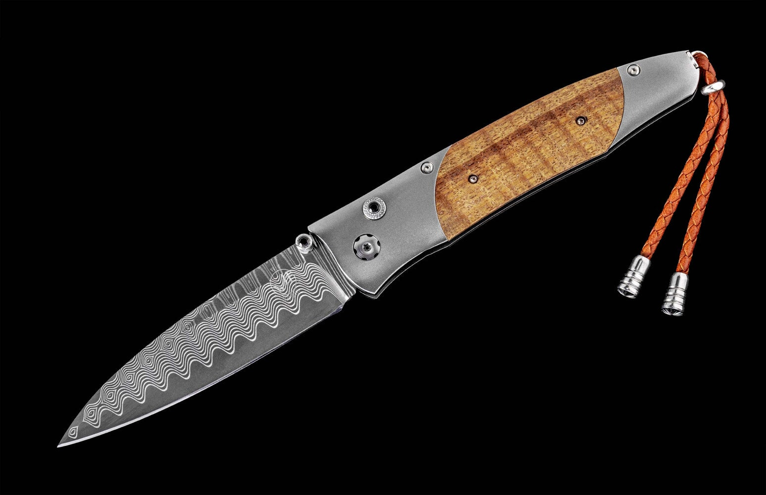 William Henry Titanium pocketknife with Koa wood and 'wave' damascus blade B30 KOA