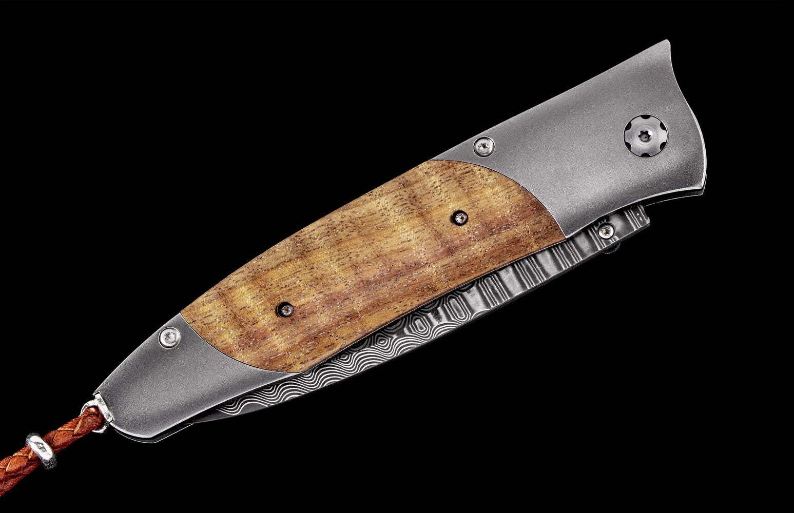 William Henry Titanium pocketknife with Koa wood and 'wave' damascus blade B30 KOA
