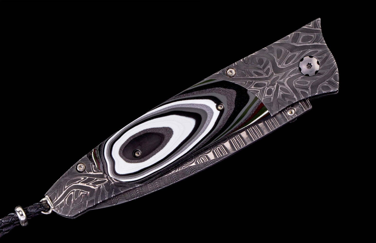 William Henry Damascus pocketknife featuring fordite and 'wave' damascus blade B30 OCTANE