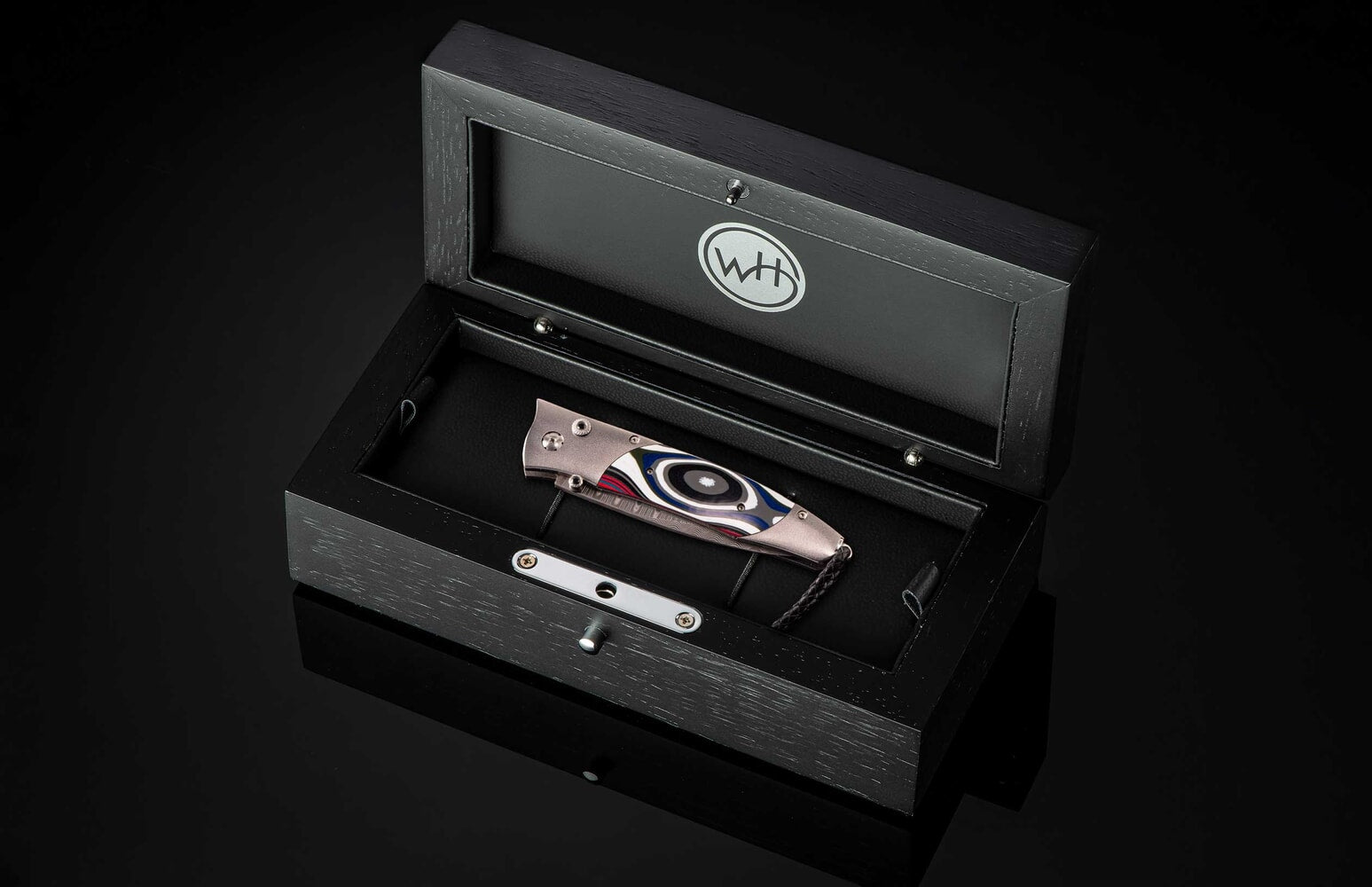 William Henry Titanium folding knife with Fordite and 'wave' damascus blade B30 OVERDRIVE