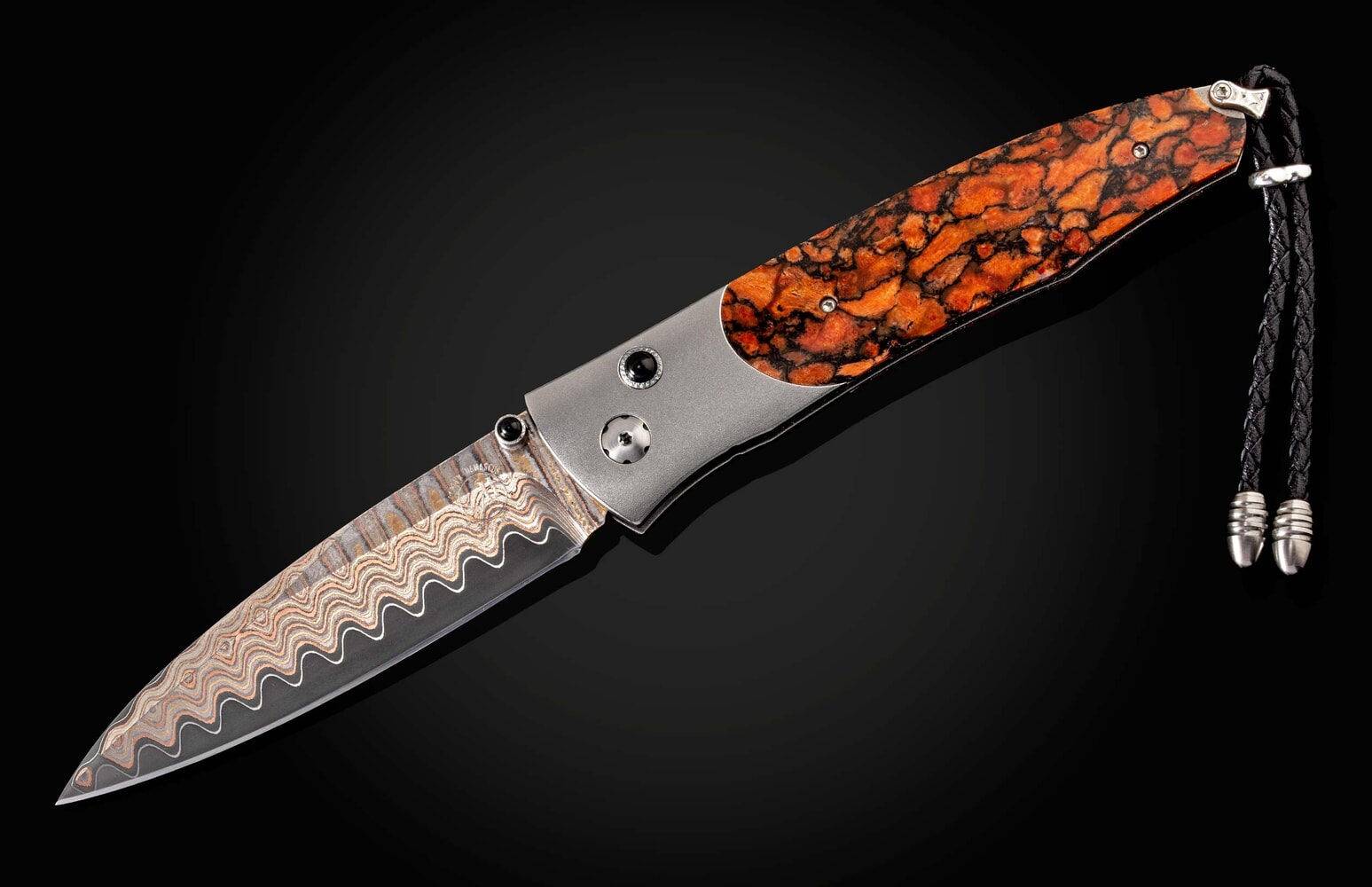 William Henry Titanium Pocketknife with apple coral, and 'copper wave' damascus blade B30 RED SAILS
