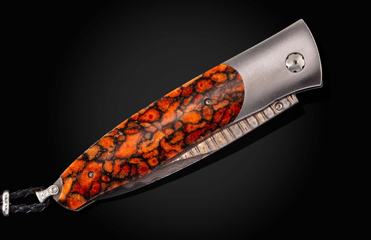 William Henry Titanium Pocketknife with apple coral, and 'copper wave' damascus blade B30 RED SAILS