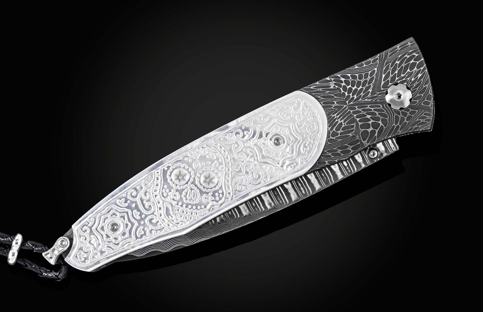 William Henry Damascus pocket knife with carved pearl scales and 'Wave' damascus blade B30 SUGAR SKULL