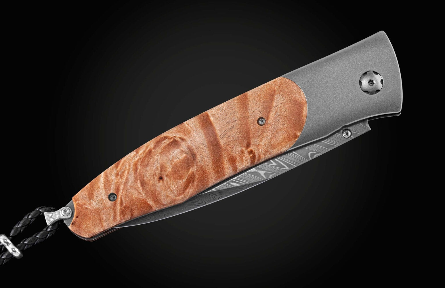 William Henry Titanium pocketknife with natural maple burl wood and hand-forged damascus B30 WOODSMAN